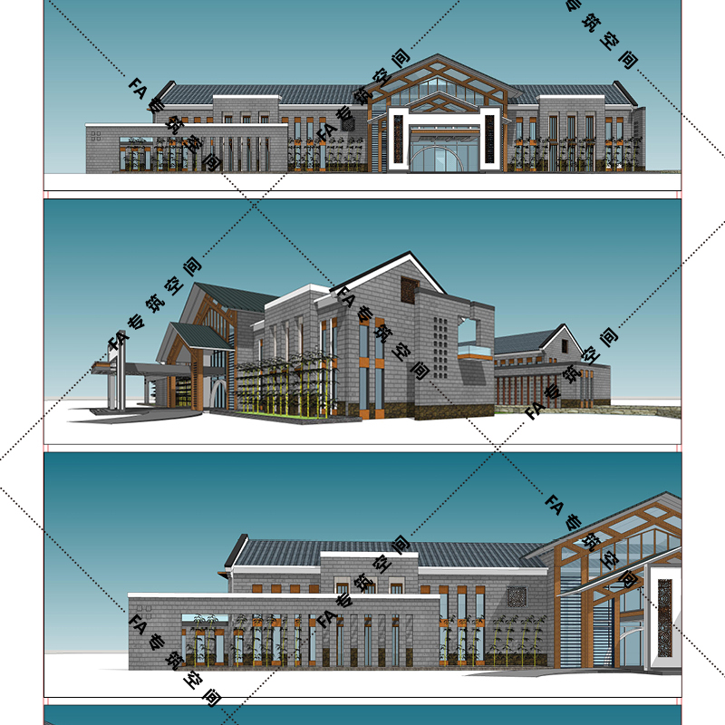 乡村游客服务中心su模型效果图建筑设计方案农.